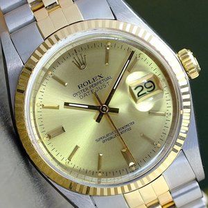 ROLEX MENS DATEJUST 18KY GOLD & STEEL CHAMPAGNE DIAL FLUTED BEZEL 36MM WATCH